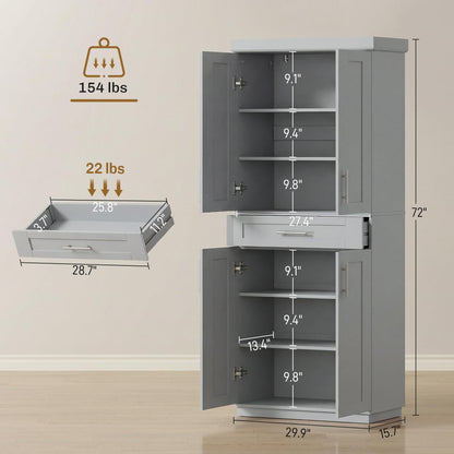HOMCOM 72" Kitchen Pantry Cabinet, Freestanding Tall Storage Cabinet with 4 Doors, Drawer and 3 Adjustable Shelves for Dining Room, Gray