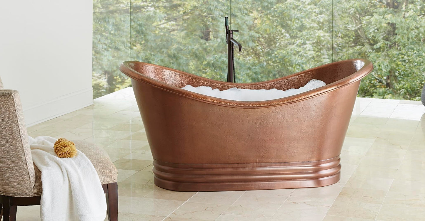 Sinkology Euclid 71.5 Inch Freestanding Soaking Bathtub, Antique Copper, Solid Copper Double Slipper Tub for Two with Overflow