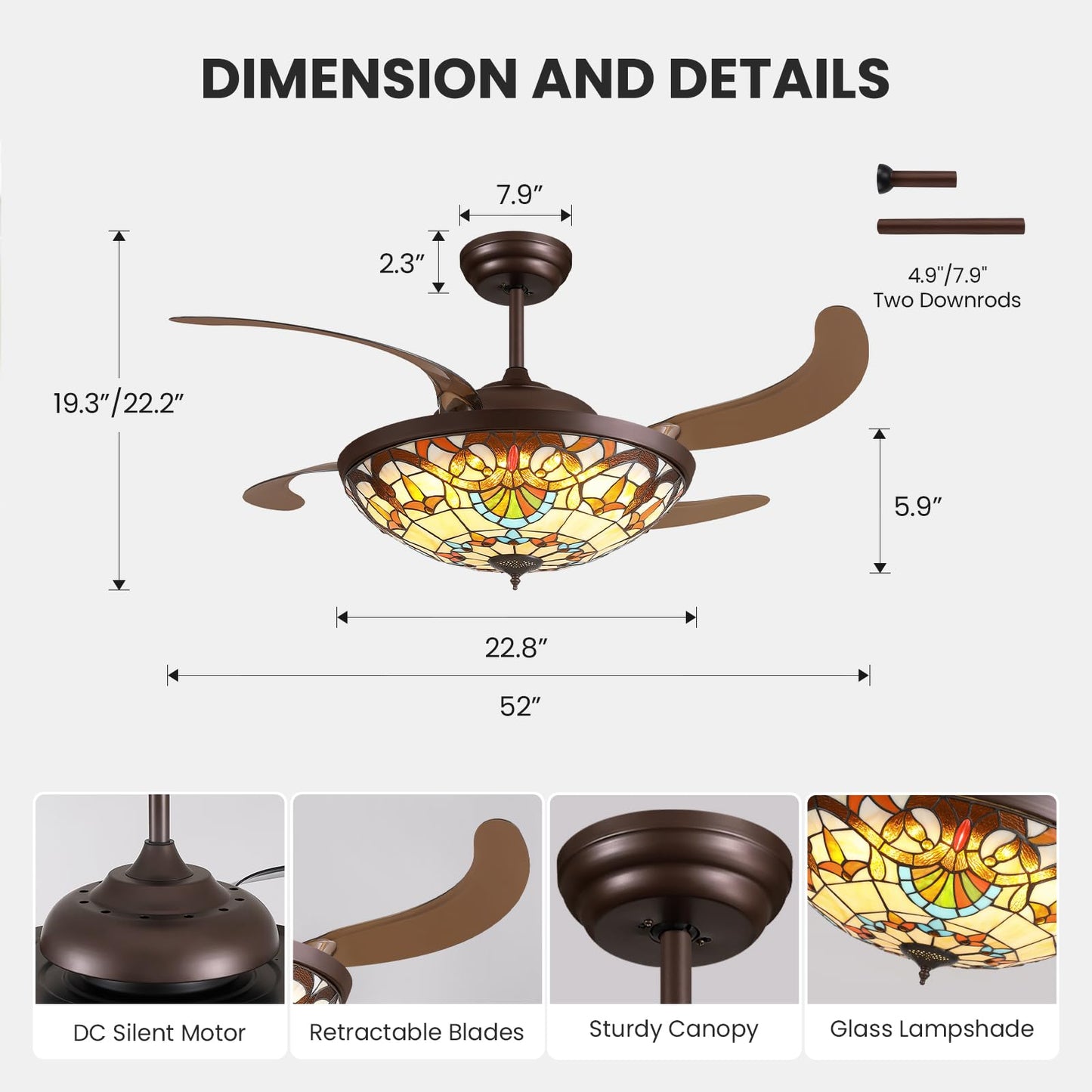 APBEAMLighting 52inch Ceiling Fan Tiffany Style Stained Glass Retractable Ceiling Fans with Remote & Dimmable Light 6-Speed Reversible Motor for Bedroom Dining Room Living Room Kitchen