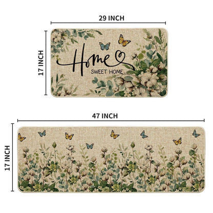 Artoid Mode Cotton Plant Leaf Butterfly Home Spring Kitchen Mats Set of 2, Home Decor Low-Profile Kitchen Rugs for Floor - 17x29 and 17x47 Inch