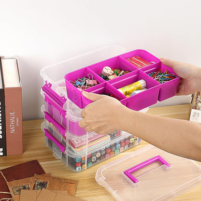 JUXYES 4-Tiers Stack Carry Storage Box With 2 Divided Tray, Transparent Stackable Storage Bin With Handle Lid Latching Storage Container for School & Office Supplies, Purple