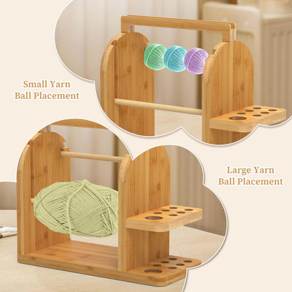 sandpaint Yarn Holder for Crocheting, Durable Bamboo Wood Yarn Storage Organizer with Built-in Phone Stand, Tangle-Free Dual Rods & Tool Holder, Ideal Crochet Accessories for Skein, Cake, Ball Yarn
