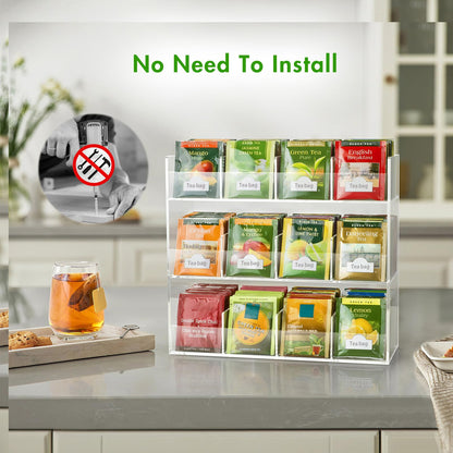 BEYGORM Acrylic Tea Bag Organizer for 216 Tea Packets, No Assembly Required, Display Holder for Countertop, Vertical Tea Bag Caddy for Cabinet, Tea bar Accessories, Teabags Storage Containers