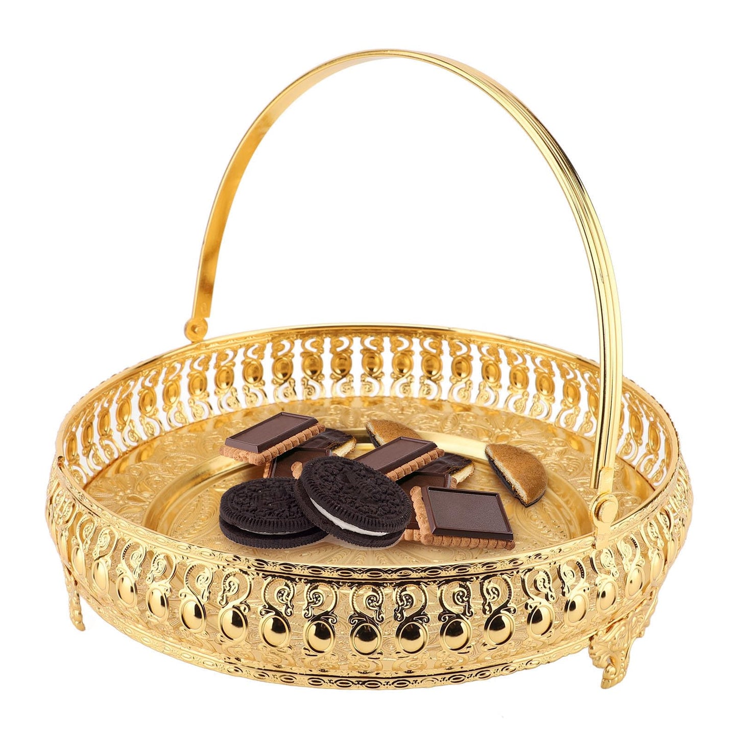 Retro Round Fruit Tray Exquisite Decorative Large Capacity Alloy Dessert Plate Golden Zinc Alloy Fruit Trays for Parties with Handle Decorative Serving Tray for Party Home Bar Cafe