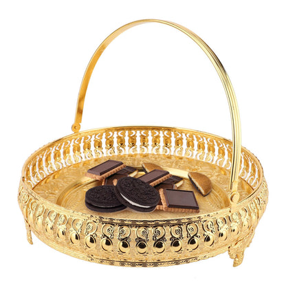 Retro Round Fruit Tray Exquisite Decorative Large Capacity Alloy Dessert Plate Golden Zinc Alloy Fruit Trays for Parties with Handle Decorative Serving Tray for Party Home Bar Cafe