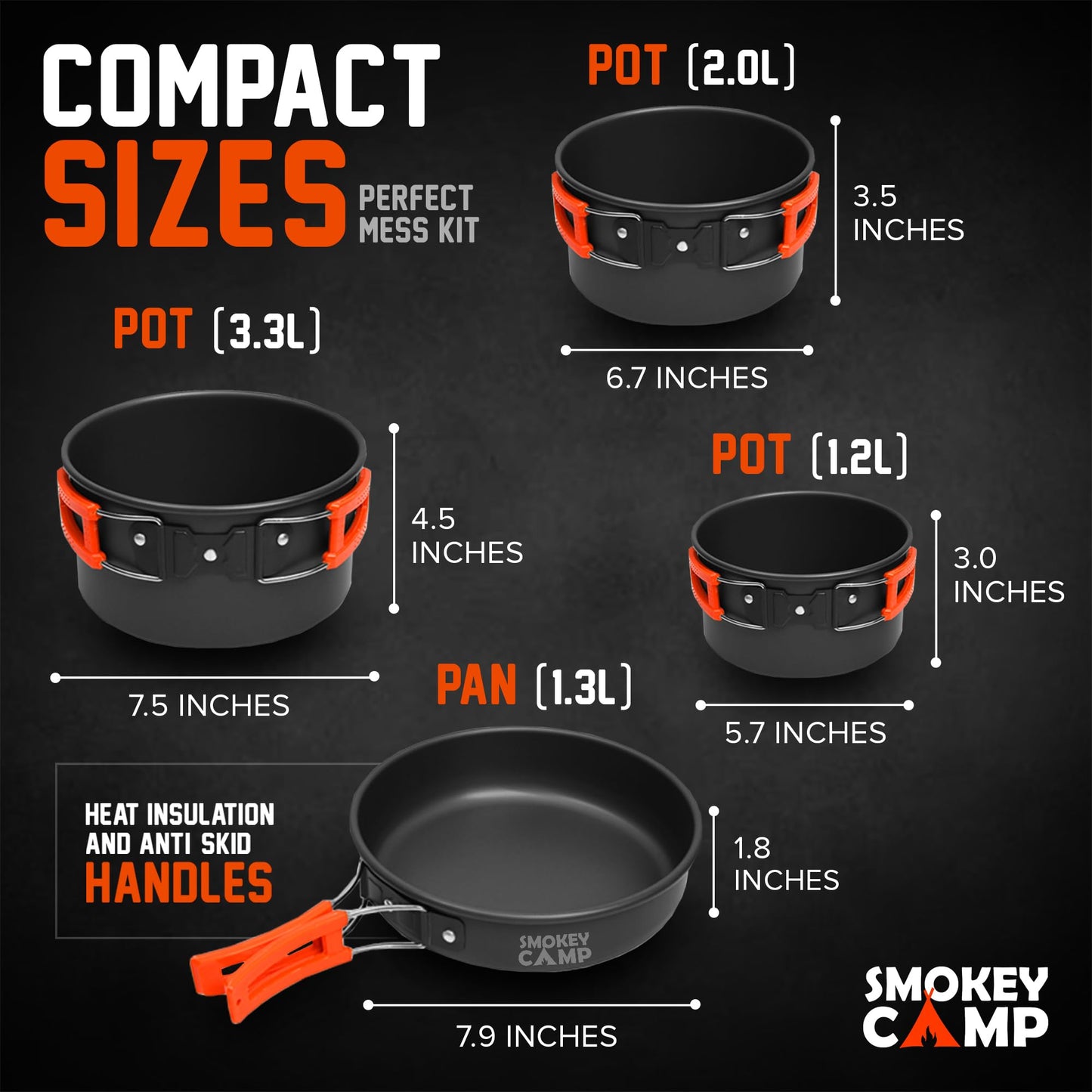 10 Pcs Smokey Camp Backpacking Cooking Set with Stove & Adapter - 3 Pots Large Medium Small 1 Large Pan 1 Stove 1 Adpater, Compact Non-Stick Camping Cookware Mess Kit, All in One Hiking Picnic Outdoor