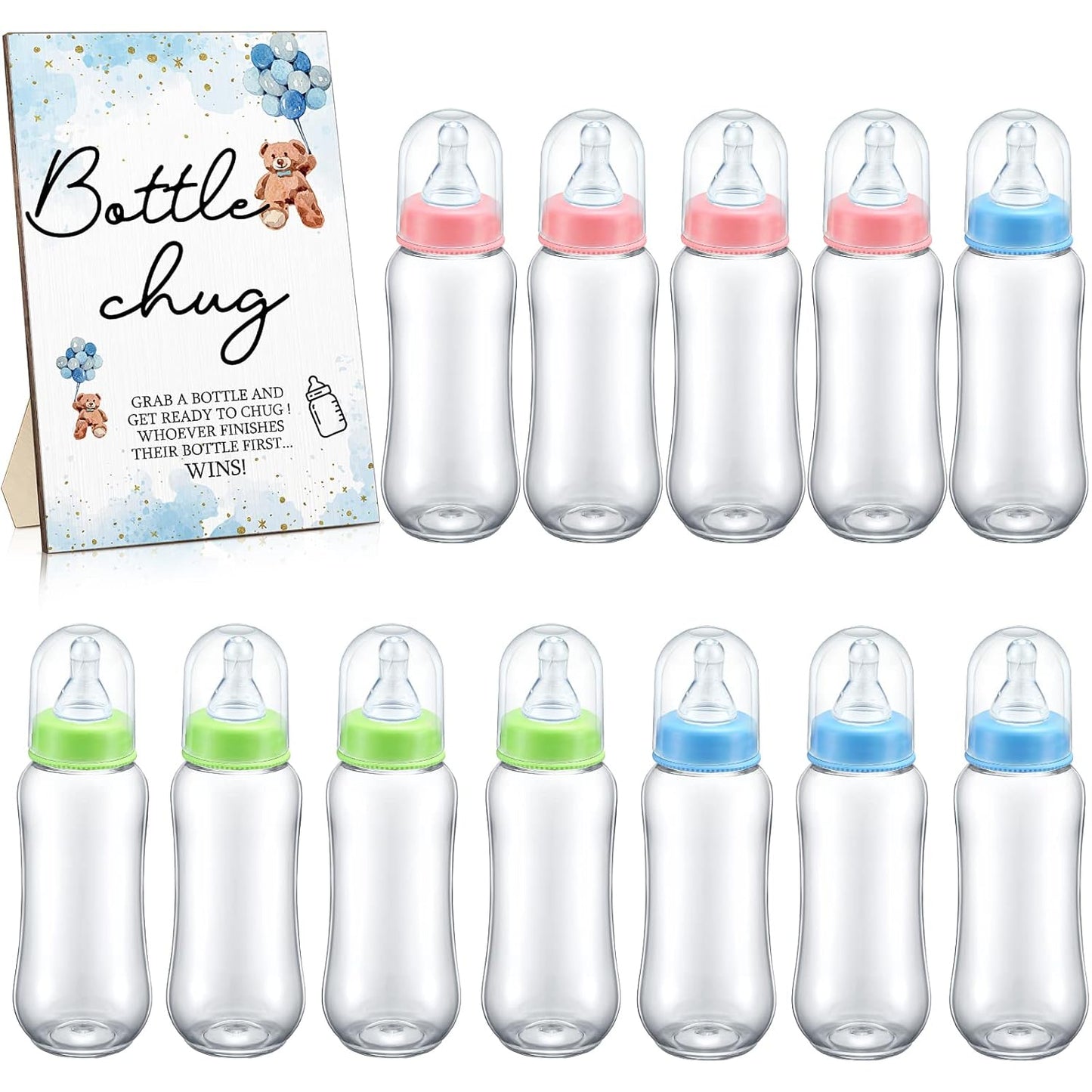 12 1 Roowest Bottle Chug Baby Shower Game Favors Pcs Baby Shower Bottles Favor with Wooden Sign for Gender Reveal Party
