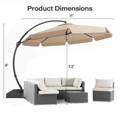 EO Living 11FT Cantilever Patio Umbrella with Base, 360° Rotation Offset Outdoor Umbrella, Heavy Duty Rust-Resistant, UV Protection Waterproof Shade for Backyard, Pool, Garden, Deck (Beige)