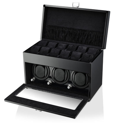 Watch Winder and Storage Box for Winding 3 Automatic Watches and 12 Watch Storage Space (Black+ Black)