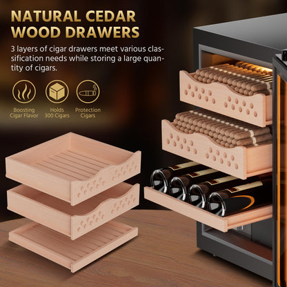 Electric Cigar Humidor 50L with Heating and Cooling Temperature Control and Humidity Control System, Cooler Cabinet Large Capacity for 300 Counts with Spanish Cedar Wood Shelves & Hygrometer