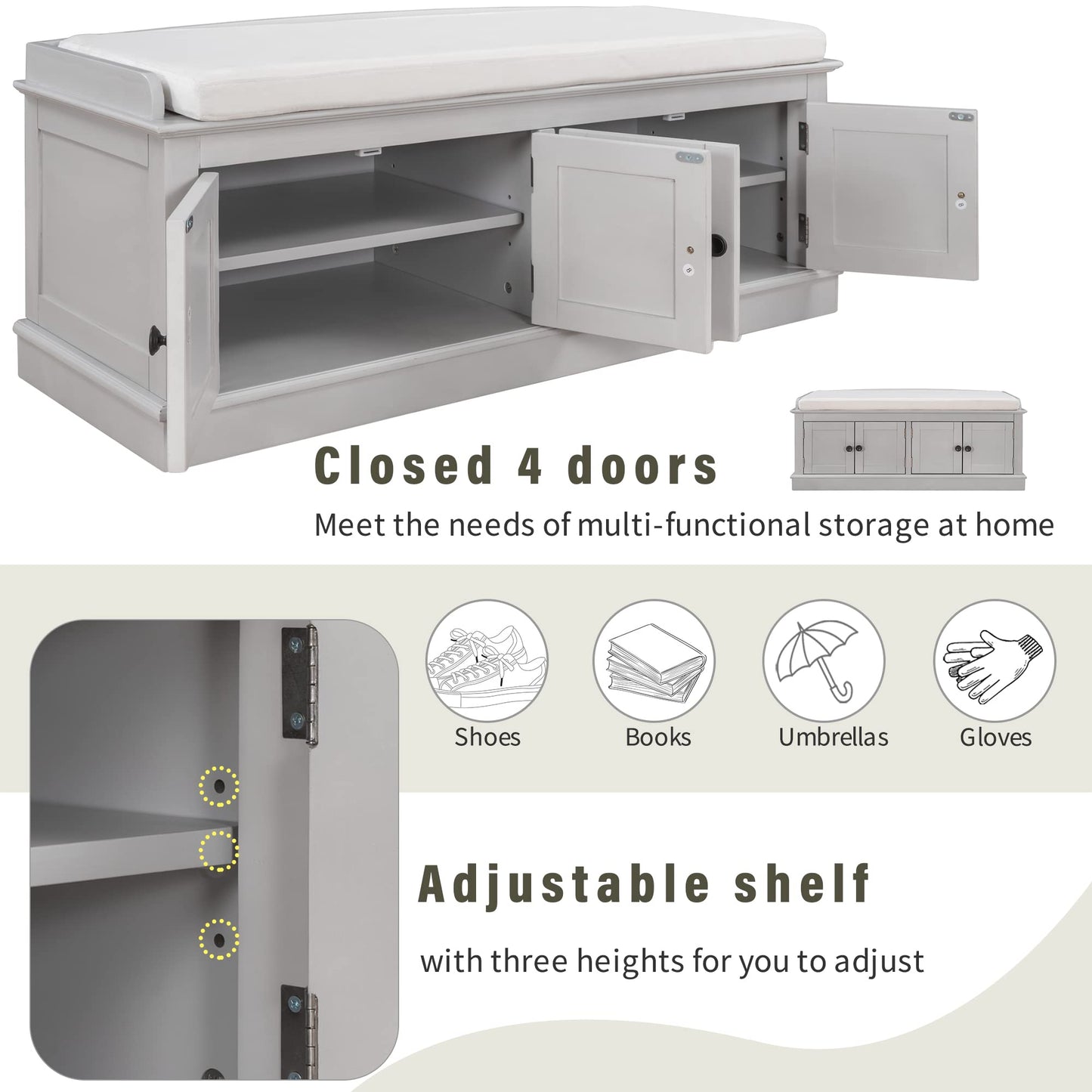 Merax Rustic Wood Entryway Bench with 4 Doors Shoe Cabinet for Hallway Front Door Gray Wash