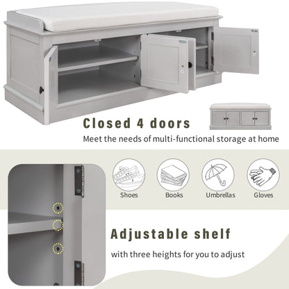 Merax Rustic Wood Entryway Bench with 4 Doors Shoe Cabinet for Hallway Front Door Gray Wash
