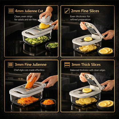 All-in-One Food Chopper & Mandoline Slicer, 9-in-1 Vegetable Chopper with Interchangeable Stainless Steel Blades, BPA-Free Manual Onion Dicer, Julienne & Grater with Container