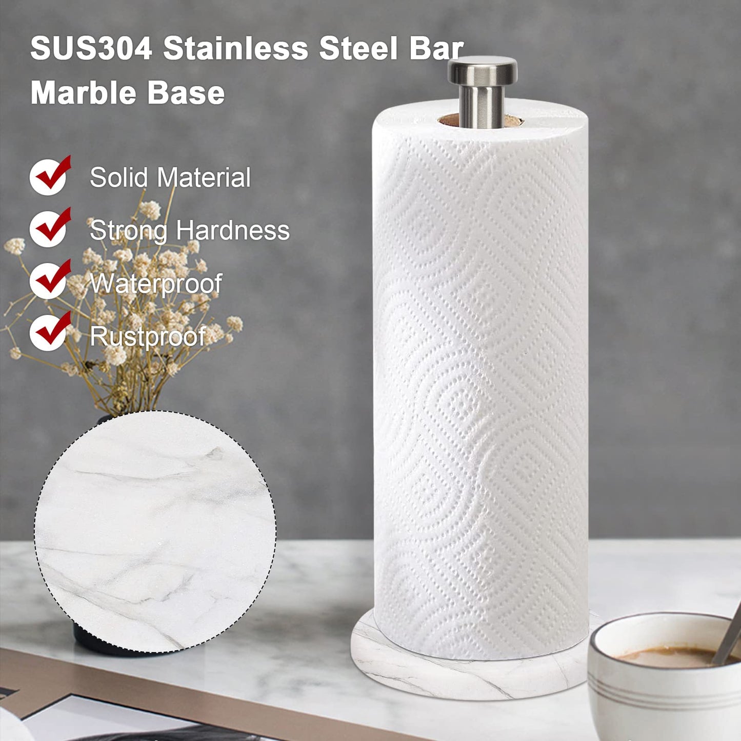 NearMoon Standing Paper Towel Holder, Kitchen Paper Towel Tissue Holder- for Bathroom Kitchen Countertop, Standard or Jumbo-Sized Roll Paper (with Marble Base, Brushed Nickel)