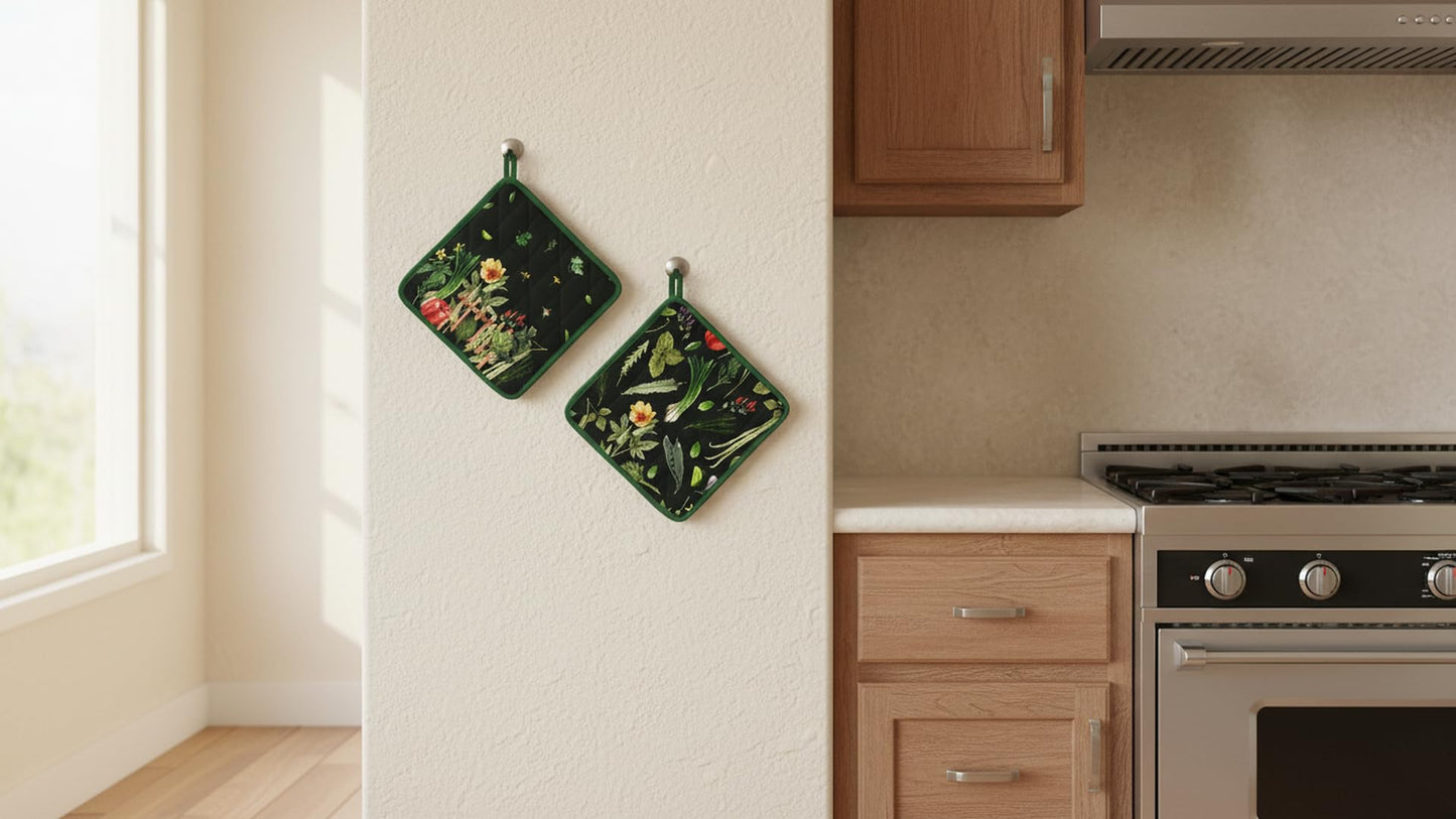AMOUR INFINI Pot Holders Heat Resistant Cotton Set of 2 Nonslip 8"x8" Inch Hot Pads for Kitchen, BBQ, Baking & Cooking with Hanging Loops (My Garden)