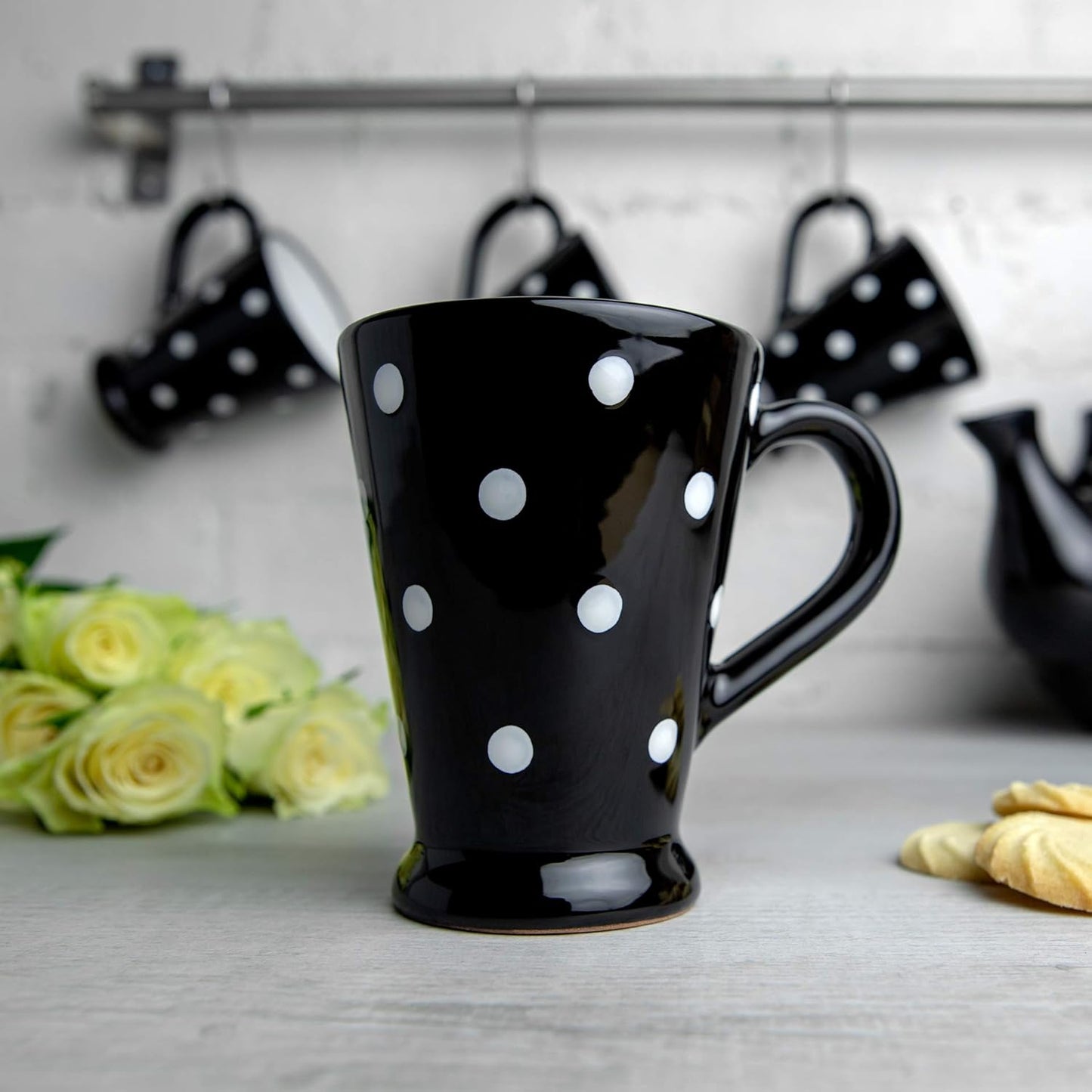 City to Cottage Handmade Black and White Polka Dot Ceramic Coffee Mug, 7 oz / 200ml, Unique Design