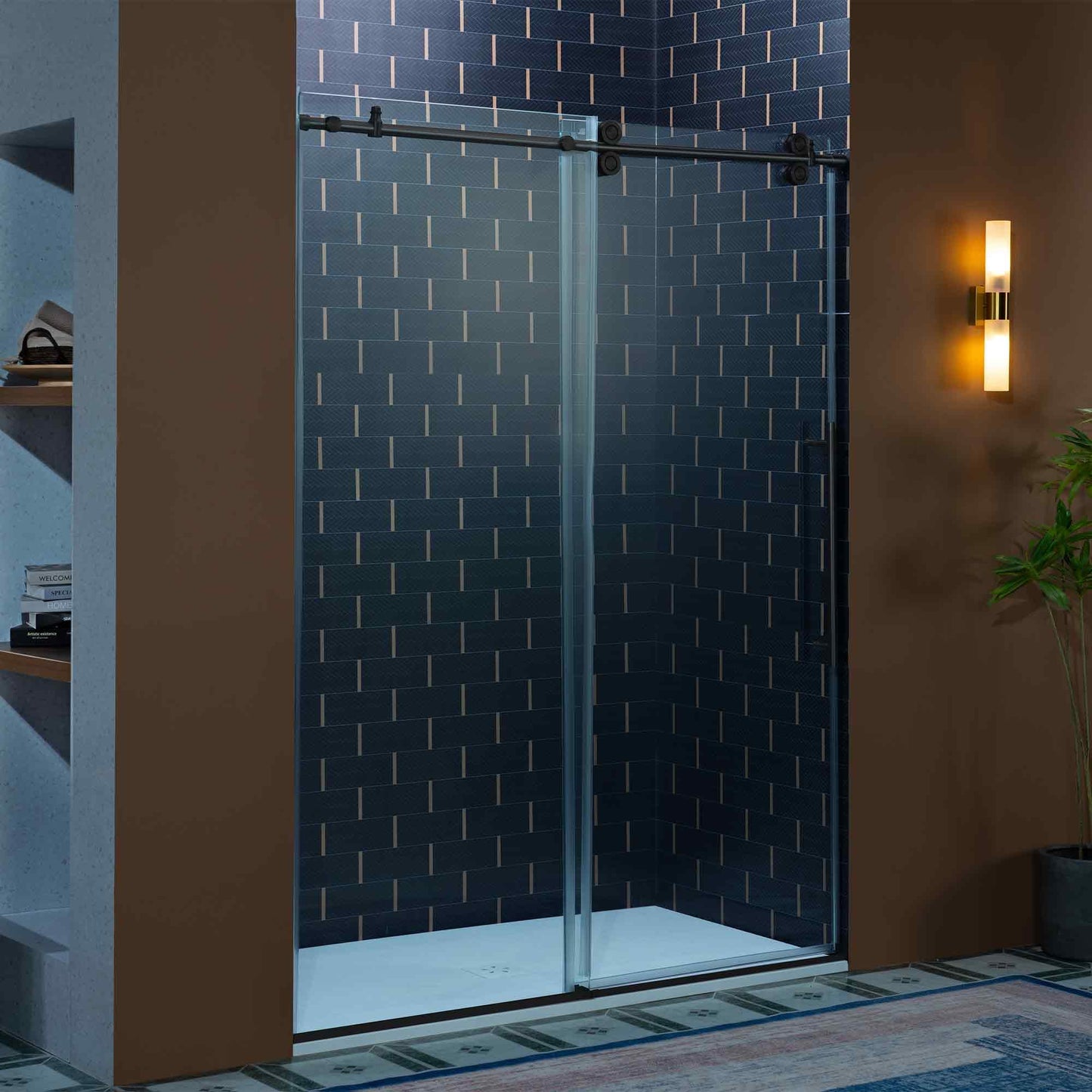 Woodbridge 56-60" W x 80" H Frameless Single Sliding Shower Door with Double Rollers,3/8(10mm) Tempered Glass with Explosion Proof Film in Matte Black Finish