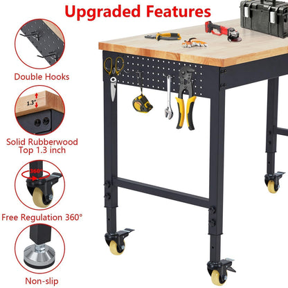72” Adjustable Workbench with Drawer & Backplate, Heavy Duty Rolling Work Table, 2000 LB Capacity, Rubberwood Top, Power Outlets, Lockable Wheels, Garage Workshop Workbench with Storage