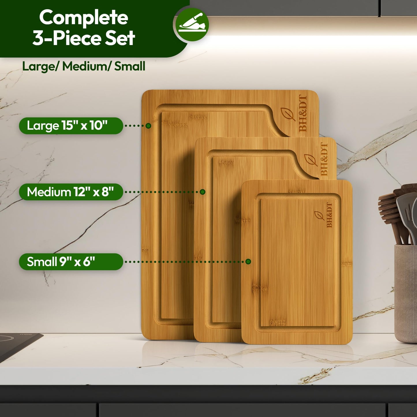 BH&DT Cutting Board Set, Bamboo Cutting Boards for Kitchen with Juice Groove,Multipurpose Board for Food Prep and Serving meat cutting board,cutting,boardgift set,wood board,bamboo cutting board set.