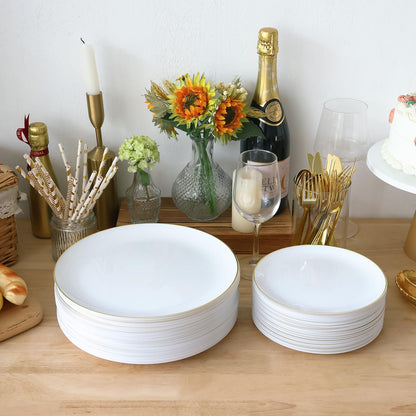 Moretoes 100PCS White Gold Plastic Plates Disposable,Party Plates White with Gold Rim, 10.25inch Dinner Plates and 7.5inch Dessert Salad Plates Heavy Duty Plates for Wedding Party and Birthday