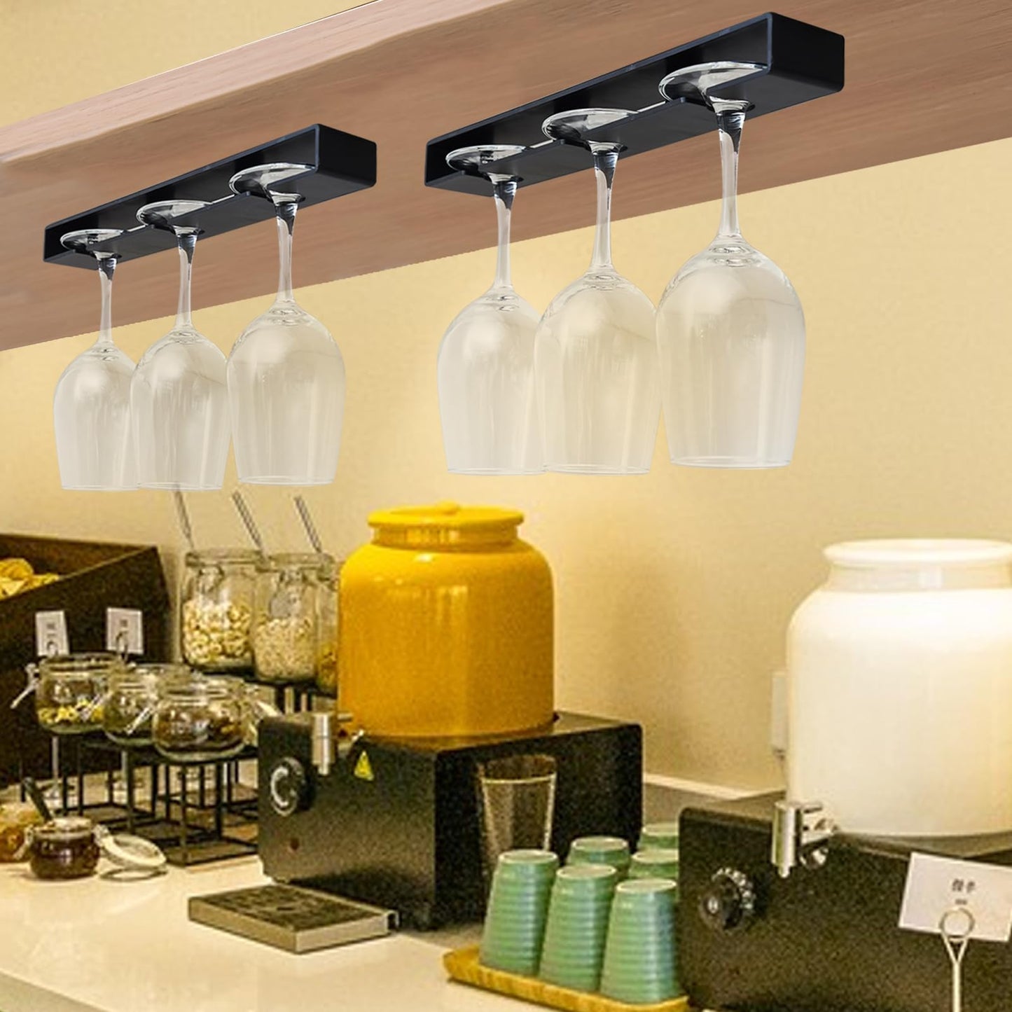 Vaisoeny Wine Glass Holder, 2 Pack, No Drilling Required, Hanging Stemware Rack Organizer for Bar Cabinet Kitchen, Black