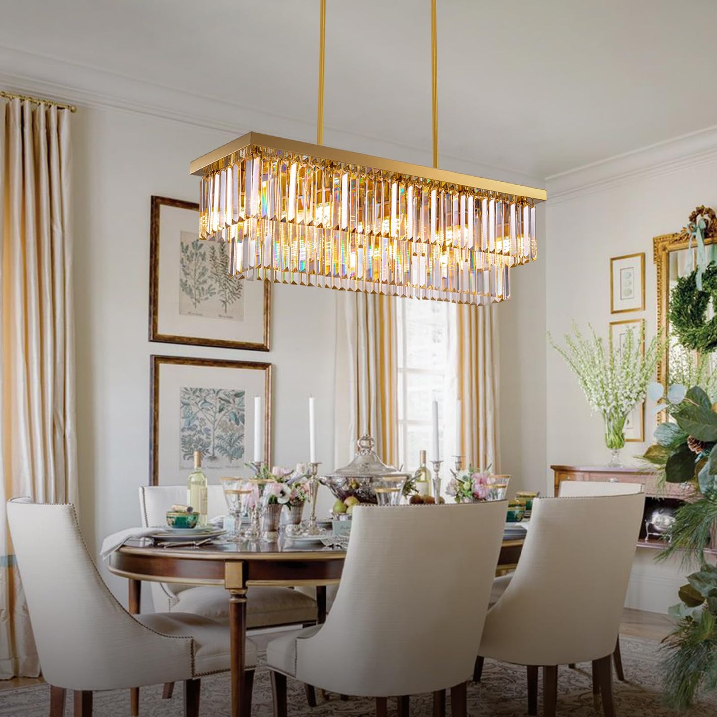 Siljoy 10-Light Rectangle Gold Crystal Chandelier for Dining Room Modern Rectangular 2 Tiers Crystal Raindrop Chandelier Linear Pendant Ceiling Light Fixture for Kitchen Island L40'' x W10'' x H10''