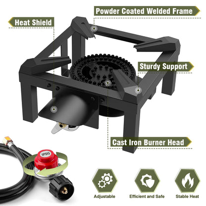 BESTFIRE Propane Burner, 100,000 BTUs High Pressure Single Propane Stove - Heat Shield and Guard, 4.1ft Adjustable Hose with Regulator, Gas Stove for Outdoor Cooking, Turkey Fry, Seafood Boil