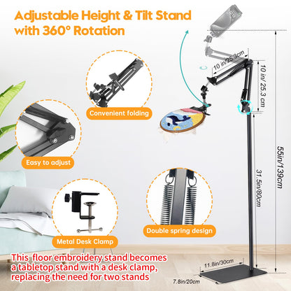 Black Adjustable Embroidery Hoops Stand for Hand Work,3-in-1 Hoop/Tablet/Phone Holder Floor Stand,Embroidery Desktop Stand，Lap Cross Stitch Frame with 360° Rotation,Hand Embroidery Stand