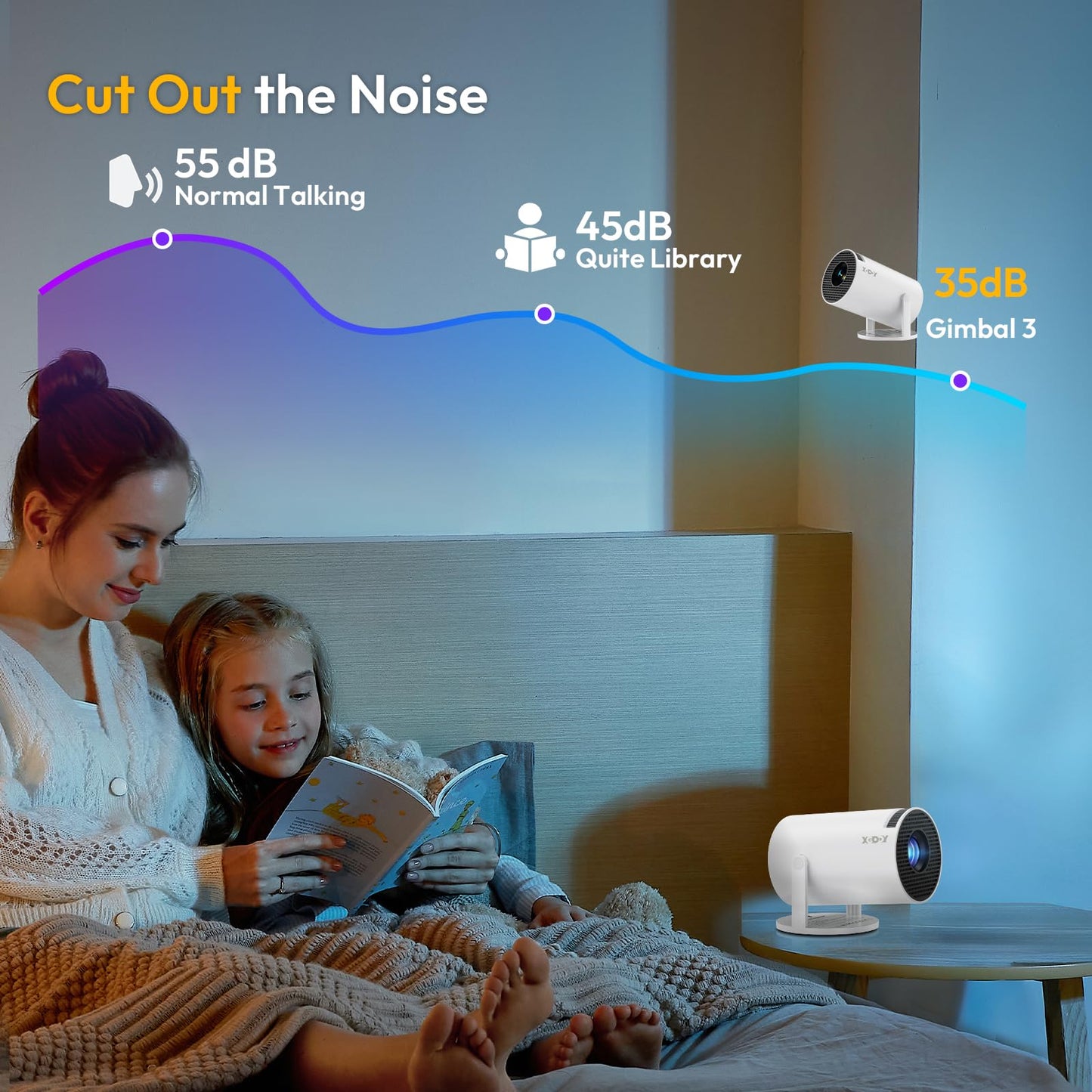 Smart Mini Projector WiFi6 Bluetooth 5.0 XGODY Gimbal 3 Protable Projector 12000L Support 4K with Android TV 11.0, Auto Keystone Correction Video Projector, 180°Rotatable Stand for Home Movie（White）