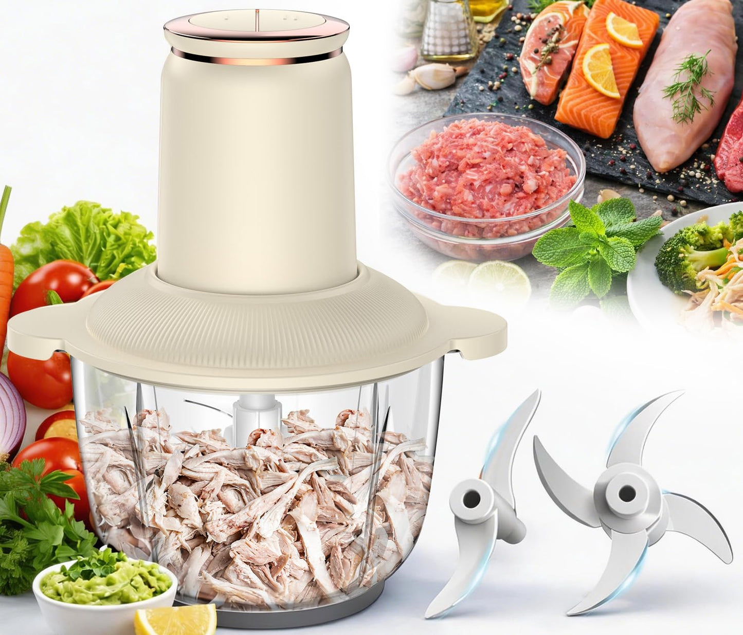Food Processors 300W Electric Chicken Shredder Meat Grinder with Dual Blades and Full Copper Motor, 2L Food Chopper for Meat/Cooked Chicken Breast/Fish/Vegetable/Baby Food/Pet Food(Large)