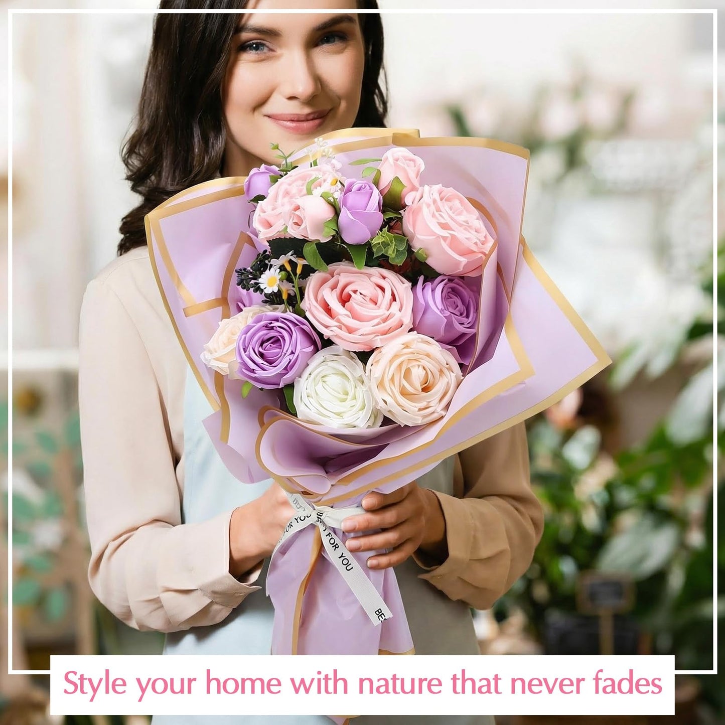 Ovveroche DIY Purple Flower Bouquet Set Artificial Preserved Roses with Eucalyptus Lavender White Roses Perfect for Wedding Birthday Valentine's Day Party Decoration