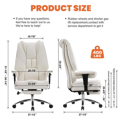 EXCEBET Big and Tall Office Chair 400lbs Wide Seat, Leather High Back Executive Office Chairs with Foot Rest, Ergonomic Lumbar Support for Lower Back Pain Relief (White)
