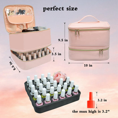 Nail Polish Organizer Case, Double-Layer Storage Holds 30 Bottles + UV LED Nail Lamp, Professional Manicure Kit Carrying Bag with Removable Dividers, Portable Travel Nail Art Supplies Organizer (Pink)