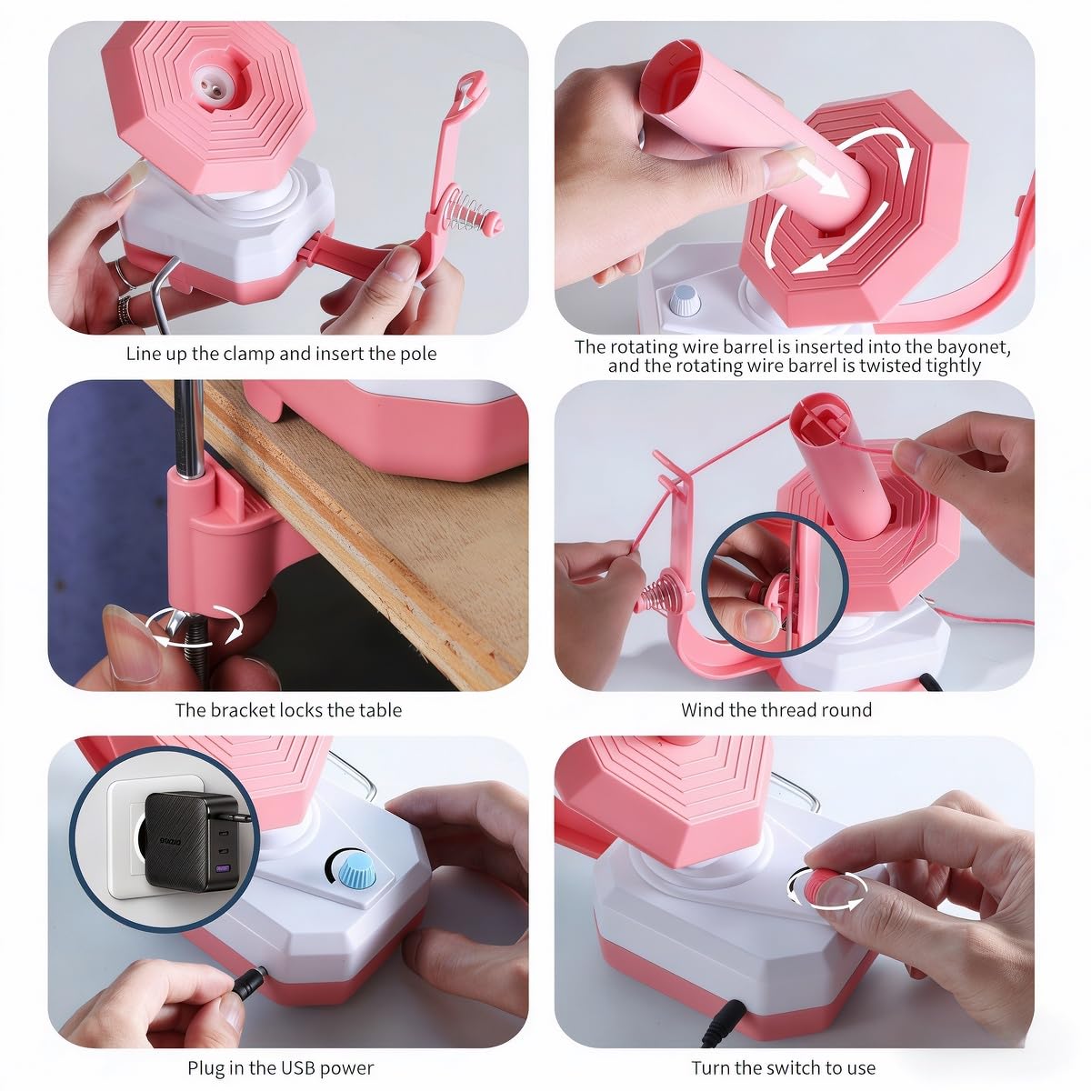 Electric Yarn Ball Winder, Pink and White, Automatic Tension Control with Stepless Speed, 7oz Capacity for Knitting and Crochet, USB Powered