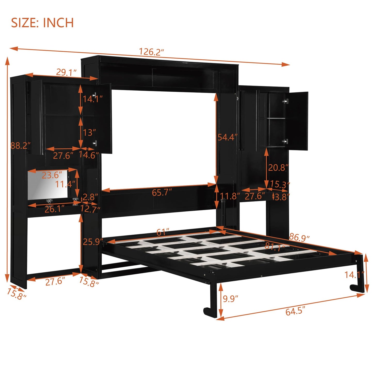 Ball & Cast Murphy Bed Queen Bed Frame with Headboard,Hideaway Bedframe w/Vanity and Cabinets,Wood Wall Cabinet,Slat Support,can be Folded,No Box Spring Needed,for Small Room,Espresso