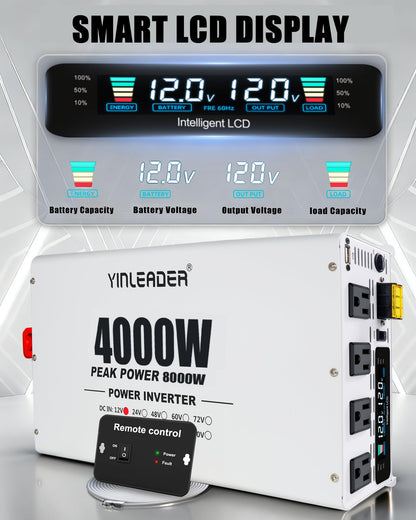 4000W Power Inverter 12V to 110V/120V, Solar Inverter Remote for RV Camping Off-Grid Solar Inverter Systems