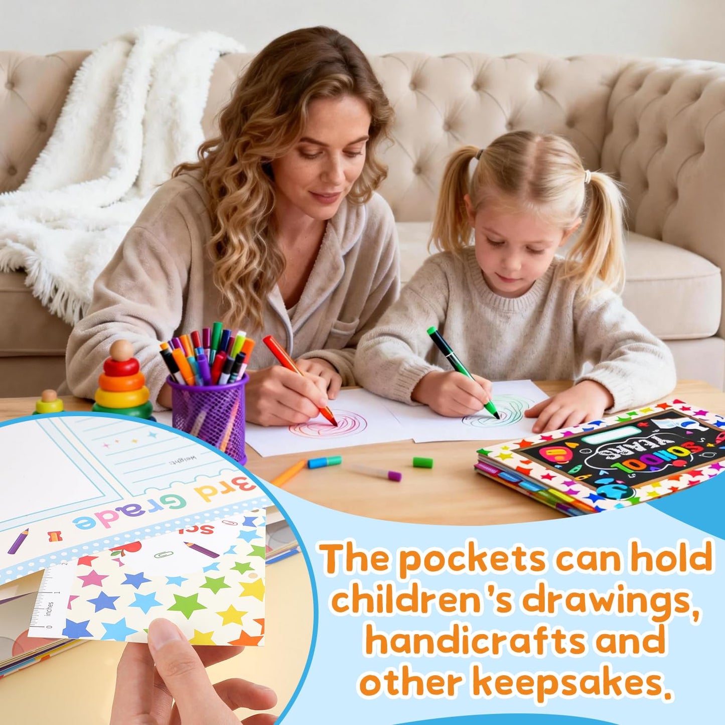 Scrapbooking Albums for Kids School Years Memory Book, Preschool to 12th Grade, 17 Pocket Pages for Photos & Artwork, Includes Birthday/Christmas/Halloween Pages, Index Tabs & Ruler, Gift-Ready Box