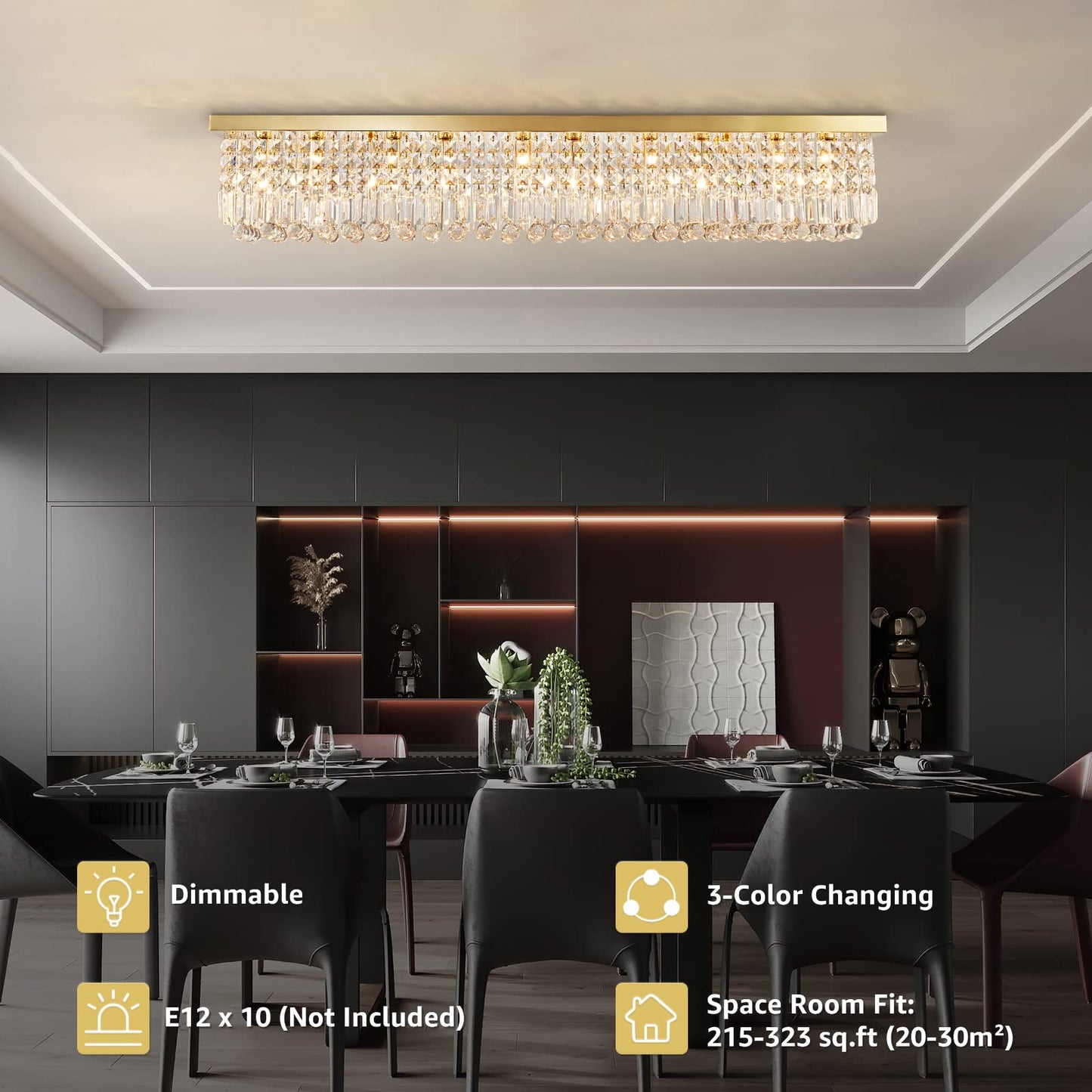 Siljoy 10-Light Modern Crystal Chandelier, Luxury Gold Rectangular Flush Mount Ceiling Light, Large Rectangle Raindrop Chandelier for Living Dining Room Kitchen Island Bar L47'' x W10'' x H10''