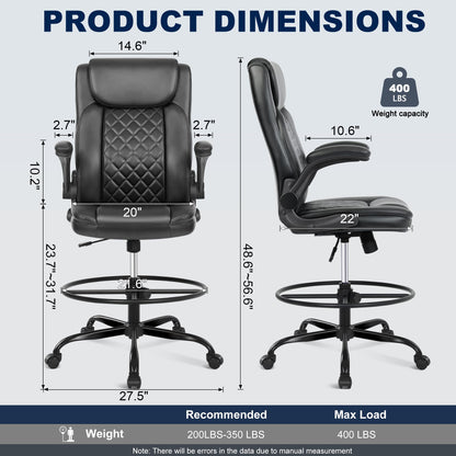 Misolant Drafting Chair with Footrest Ring, Tall Office Chair for Standing Desk, PU Faux Leather Bar Counter Height Chairs with Adjustable Height, 360° Swivel Wheels for Garage Office, Black