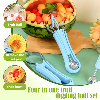 Suuker Melon Baller Scoop Set,Professional 4 In 1 Stainless Steel Fruit Carving Tools Knife Kit, Watermelon Knife for Ice Cream Melon,Dig Pulp Separator Fruit Slicer (Blue)
