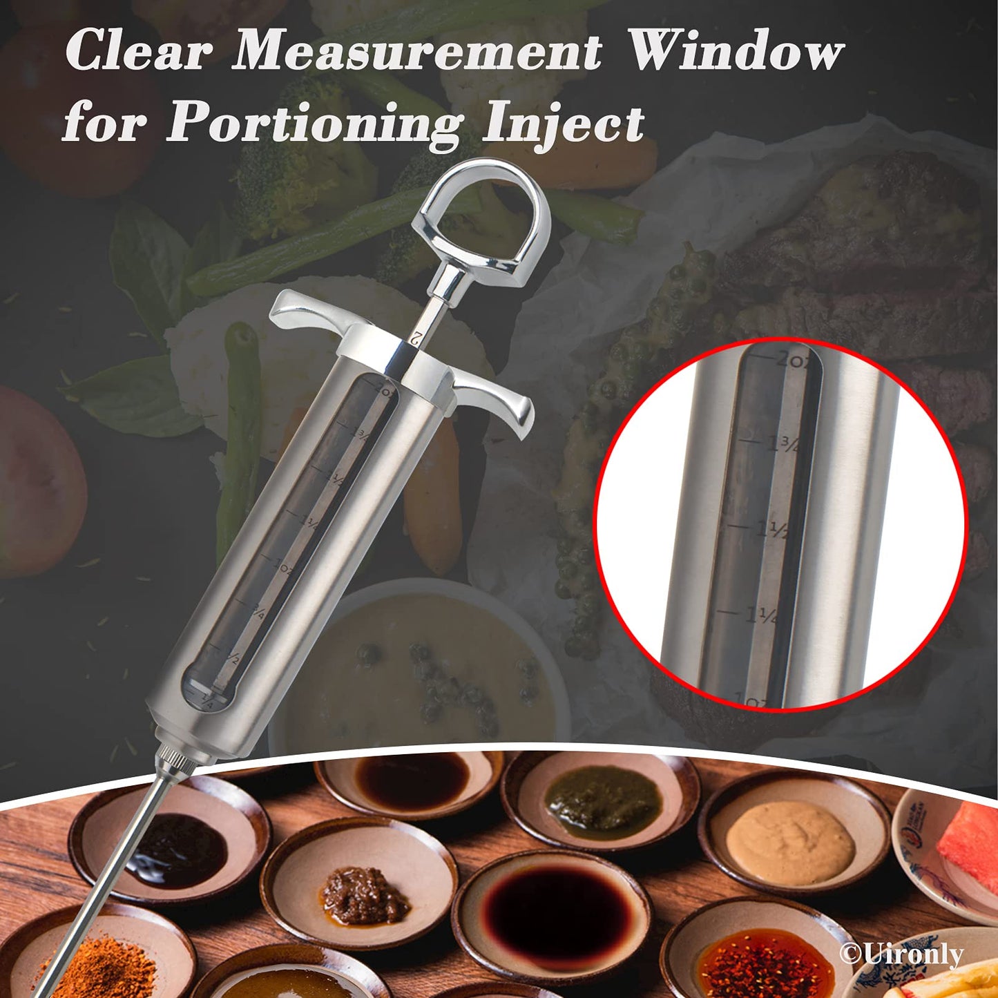 Uironly Meat Injector BBQ Injection Kit, Marinade Cajun Seasoning Flavor Syringe Injector for Cooking Grill Smoker Barbecue in Chicken Turkey Beef with 3 Syringe Needles, User Manual, E-Book