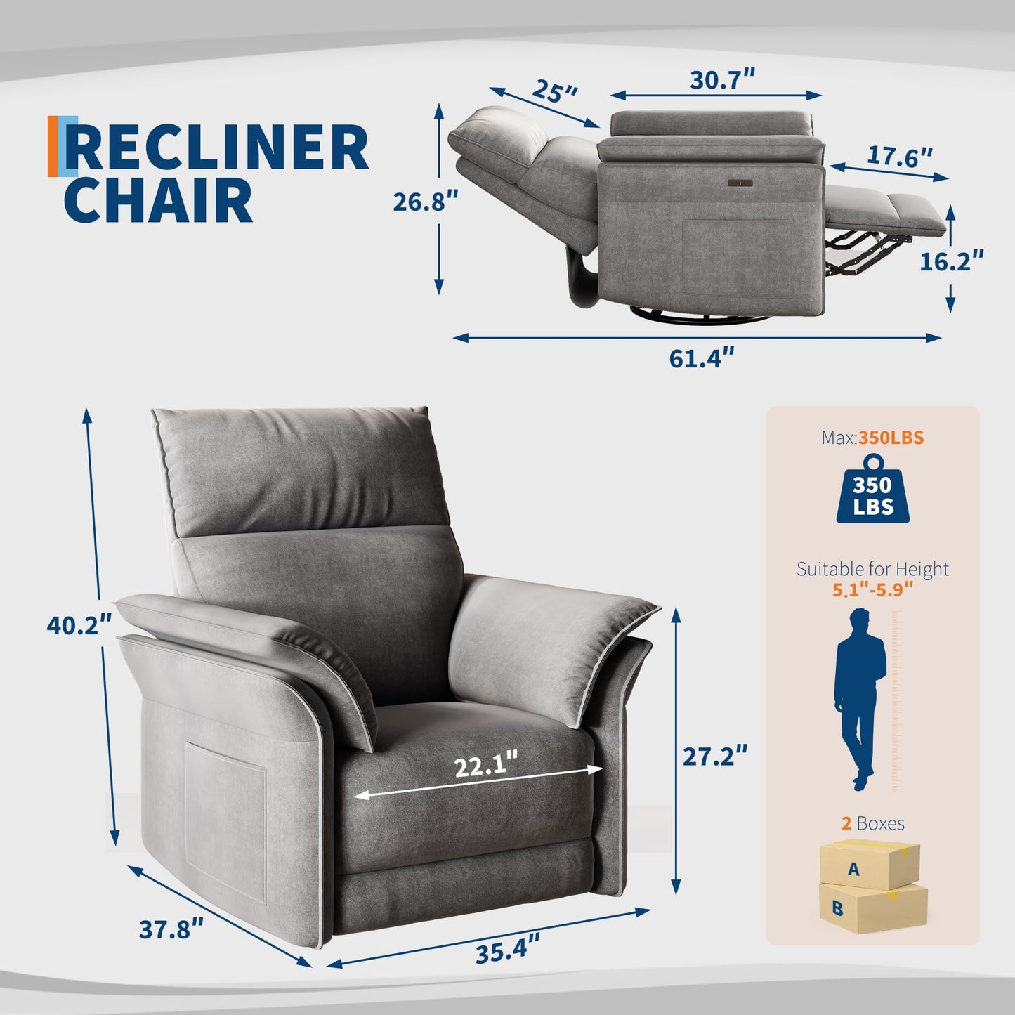 IDEALHOUSE Power Recliner Chair, 270 °Swivel Rocking Glider with USB Charging Port, Chenille Upholstered Fabric and Double-Layer Armrests, Nursery Chair for Living Room, Nursery(Gray)