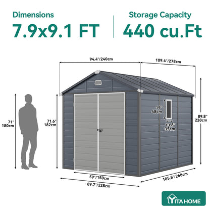 YITAHOME 8x9 FT Outdoor Storage Shed w/o Floor, All-Weather Plastic Shed with Lockable Doors, Window & Vents, Plastic Tool Shed for Backyard, Patio, Poolside, Lawn, Gray