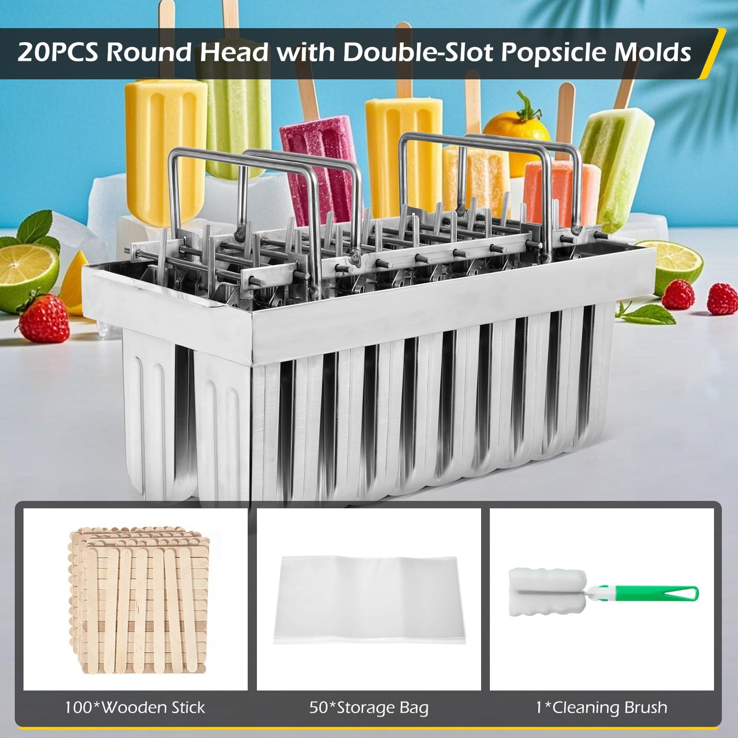 Dyna-Living Commercial Popsicle Molds 20PCS Round Heads with Double Slot Stainless Steel Popsicle Molds Metal Ice Cream Popsicle Mold with Lid, Single Cup Capacity 85ml