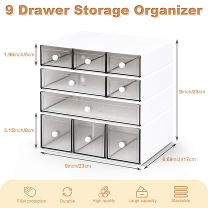 MYKASEN Desk Organizer with 9 Drawers, 4 Tier Plastic Stackable Storage Drawers for Desk Storage, Office Stationary Makeup Organizer Suit for Home, Office and School