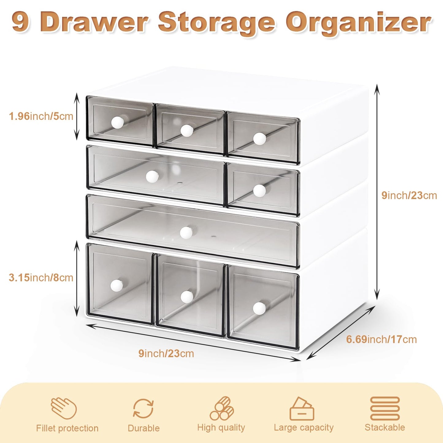 MYKASEN Desk Organizer with 9 Drawers, 4 Tier Plastic Stackable Storage Drawers for Desk Storage, Office Stationary Makeup Organizer Suit for Home, Office and School