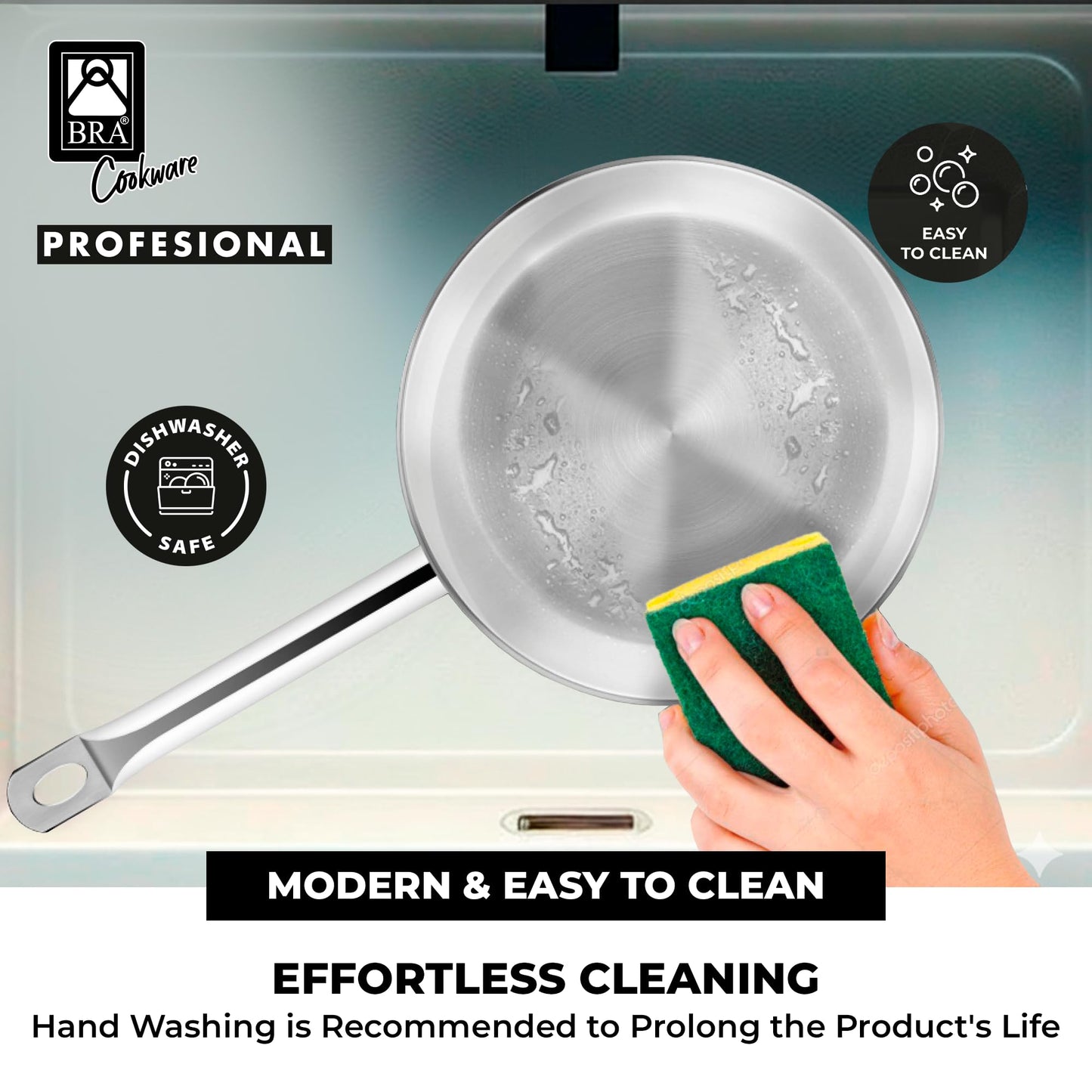 BRA COOKWARE Profesional Frying Pan | 8 inches Professional Skillet | Stainless Steel Pan w/o Non-Stick Coating | All Stovetop Compatible - Full Induction Skillet | 100% FOA Free | Brushed Finish