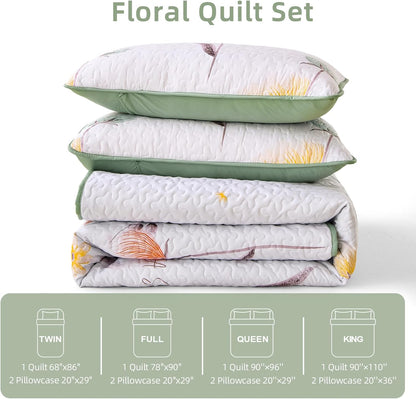 Set 2 Set Sets 68"x86" Dinjoy Floral Quilt Twin Size,Sage Green Bedspreads for Girls Pieces Cute Botanical Bedding