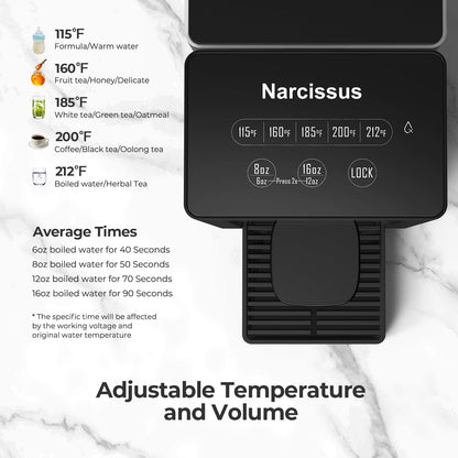 Narcissus D30 Instant Hot Water Dispenser Countertop for Rapid Heating & Dispense, Adjustable 5 Temp & 4 Water Volume Dispense, Removable 100 Ounce Capacity Water Tank with Carrying Handle, BPA Free