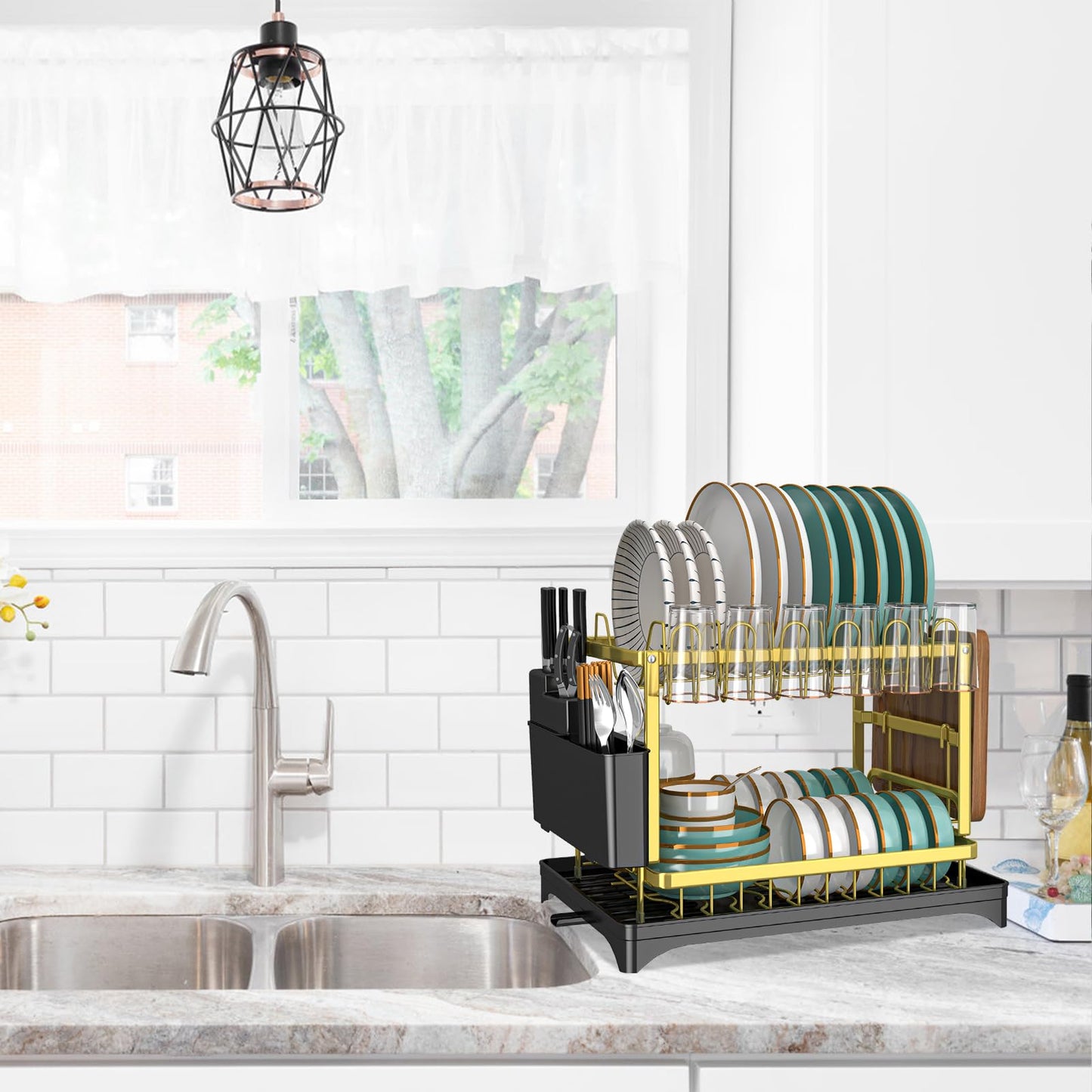 IBEDMAZIE Dish Drying Rack Gold, Multifunctional Dish Racks for Kitchen Counter with Drainboard 2 Tier Dish Drainer Large Capacity for Knifes/Cup/Cutting Board